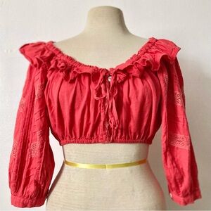 Free People Linen Peasant Balloon Sleeve Top Watermelon Pink Size S Org. $98